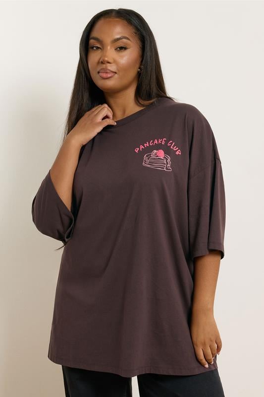 Evans YOURS Curve Brown 'Pancake Club' Back Print Oversized T-Shirt
