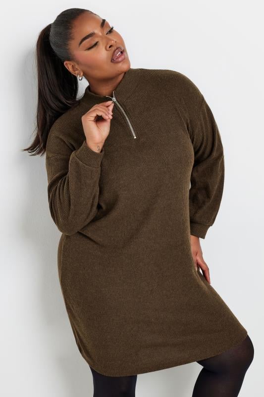 Evans YOURS Curve Brown Ribbed Quarter Zip Jumper Dress