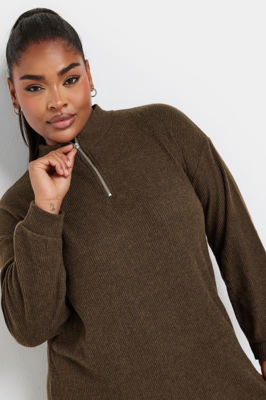 Evans YOURS Curve Brown Ribbed Quarter Zip Jumper Dress