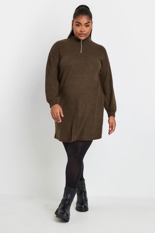 evans YOURS Curve Brown Ribbed Quarter Zip Jumper Dress