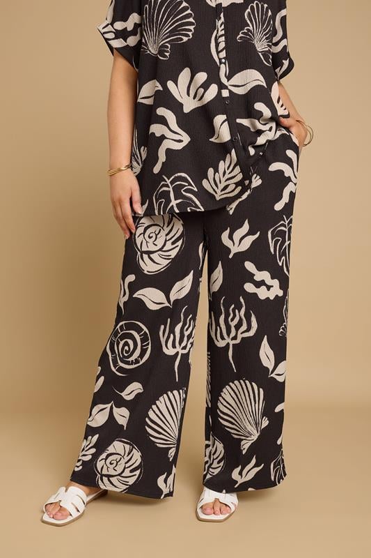 Evans YOURS Curve Brown Seashell Print Textured Wide Leg Trousers