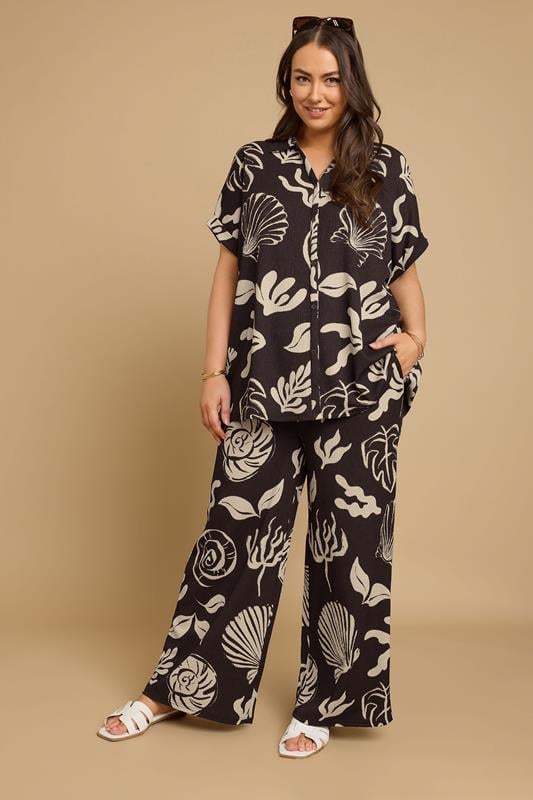 Evans YOURS Curve Brown Seashell Print Textured Wide Leg Trousers