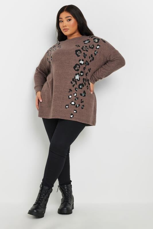 Evans YOURS Curve Brown Soft Touch Leopard Print Jumper