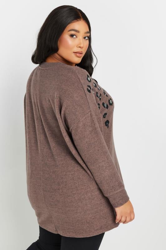Evans YOURS Curve Brown Soft Touch Leopard Print Jumper