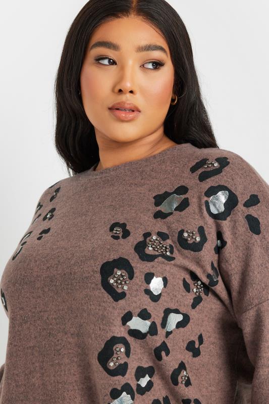 Evans YOURS Curve Brown Soft Touch Leopard Print Jumper