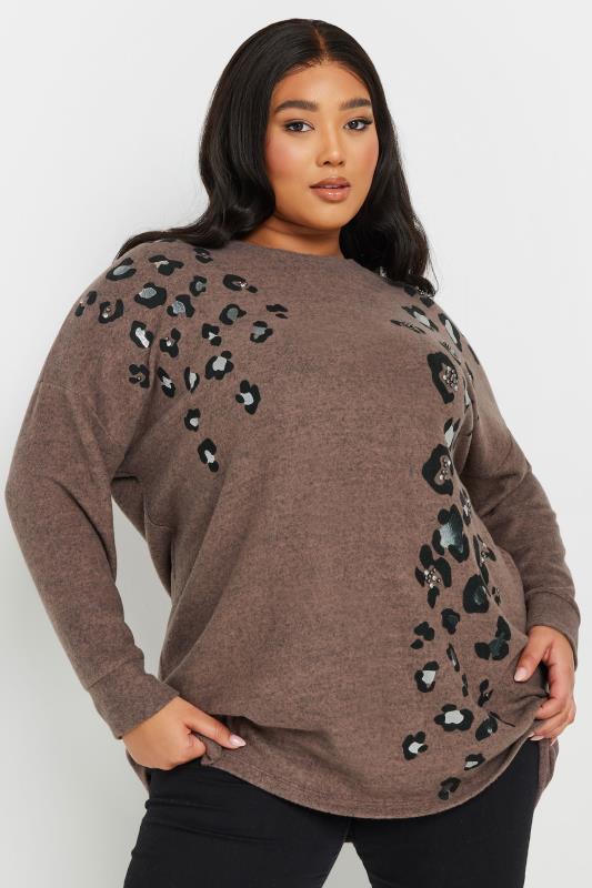 evans YOURS Curve Brown Soft Touch Leopard Print Jumper