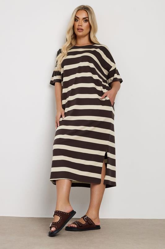 Evans YOURS Curve Brown Stripe Oversized Pocket Detail Midi Dress