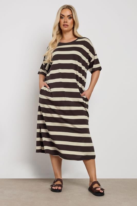 evans YOURS Curve Brown Stripe Oversized Pocket Detail Midi Dress