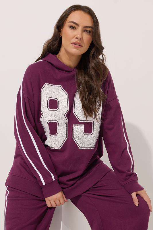 evans YOURS Curve Burgundy Red '89' Side Stripe Hoodie