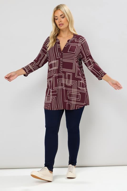 Evans YOURS Curve Burgundy Red Abstract Half Placket Shirt