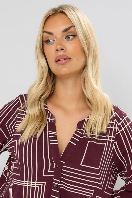 Evans YOURS Curve Burgundy Red Abstract Half Placket Shirt
