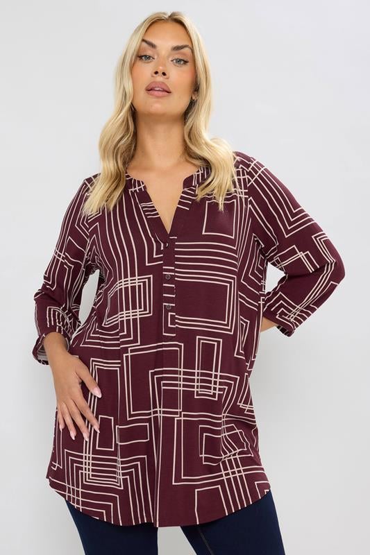 evans YOURS Curve Burgundy Red Abstract Half Placket Shirt