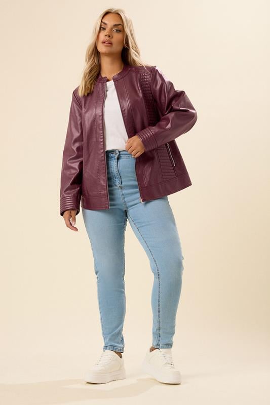 Evans YOURS Curve Burgundy Red Biker Faux Leather Jacket