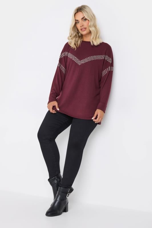 Evans YOURS Curve Burgundy Red Chevron Stud Embellished Jumper