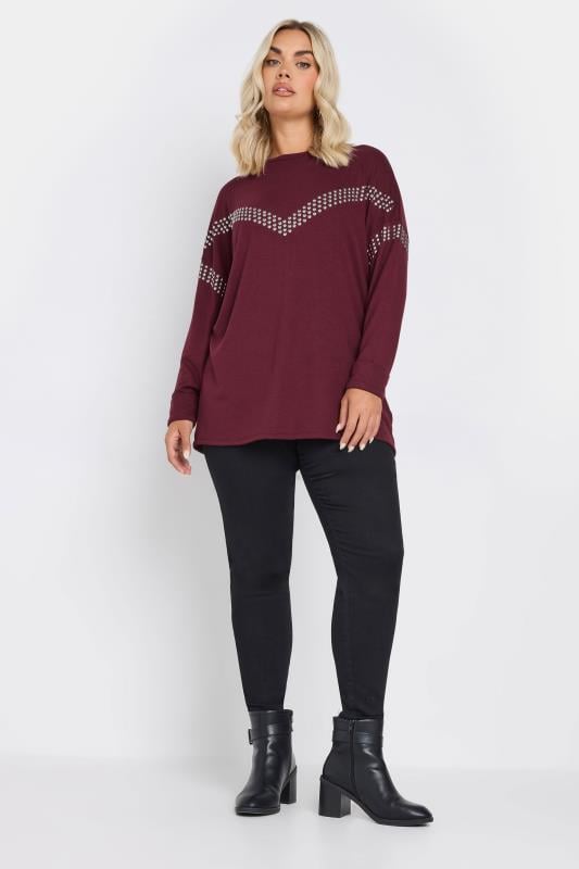 Evans YOURS Curve Burgundy Red Chevron Stud Embellished Jumper