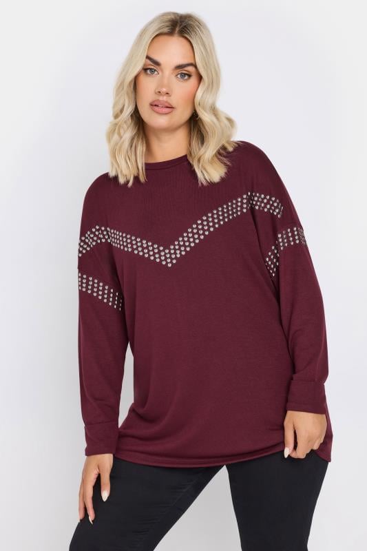evans YOURS Curve Burgundy Red Chevron Stud Embellished Jumper