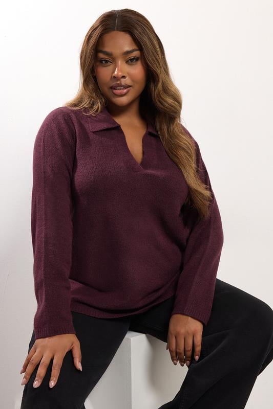 evans YOURS Curve Burgundy Red Collared Knitted Jumper