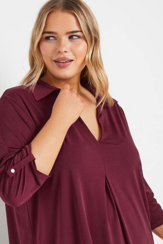Evans YOURS Curve Burgundy Red Collared Pleat Front Swing Top