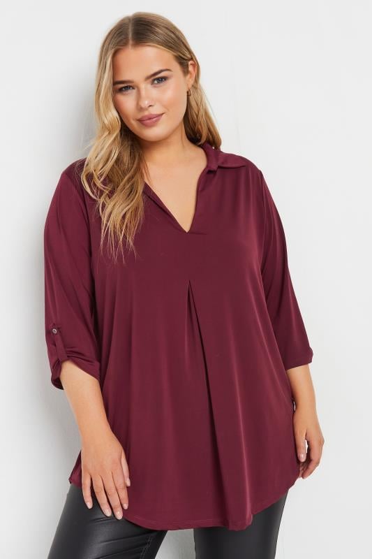 evans YOURS Curve Burgundy Red Collared Pleat Front Swing Top