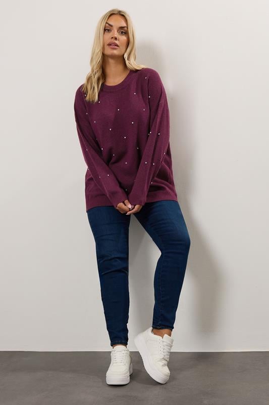 Evans YOURS Curve Burgundy Red Diamante Embellished Jumper