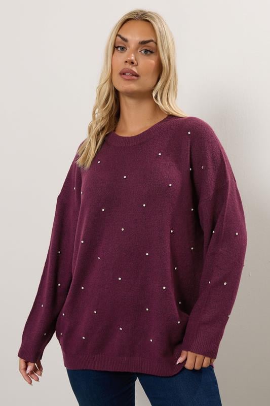 evans YOURS Curve Burgundy Red Diamante Embellished Jumper