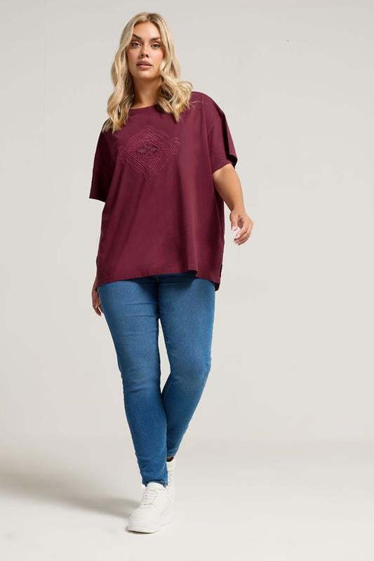 Evans YOURS Curve Burgundy Red Embroidered Boho Diamond Oversized T-Shirt