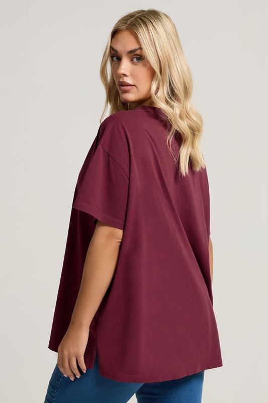 Evans YOURS Curve Burgundy Red Embroidered Boho Diamond Oversized T-Shirt