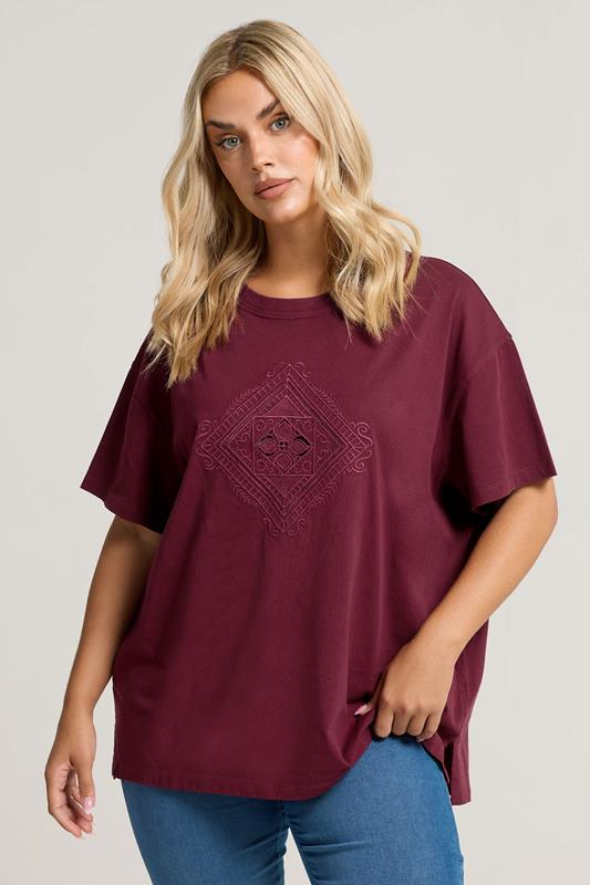 evans YOURS Curve Burgundy Red Embroidered Boho Diamond Oversized T-Shirt