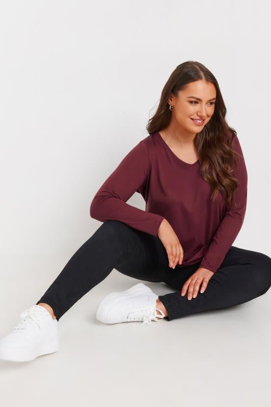 Evans YOURS Curve Burgundy Red Essential Long Sleeve V-Neck T-Shirt