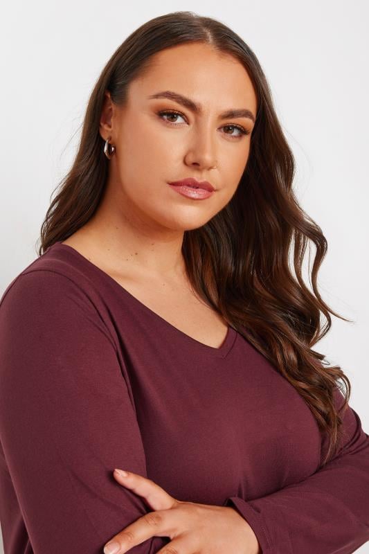 Evans YOURS Curve Burgundy Red Essential Long Sleeve V-Neck T-Shirt
