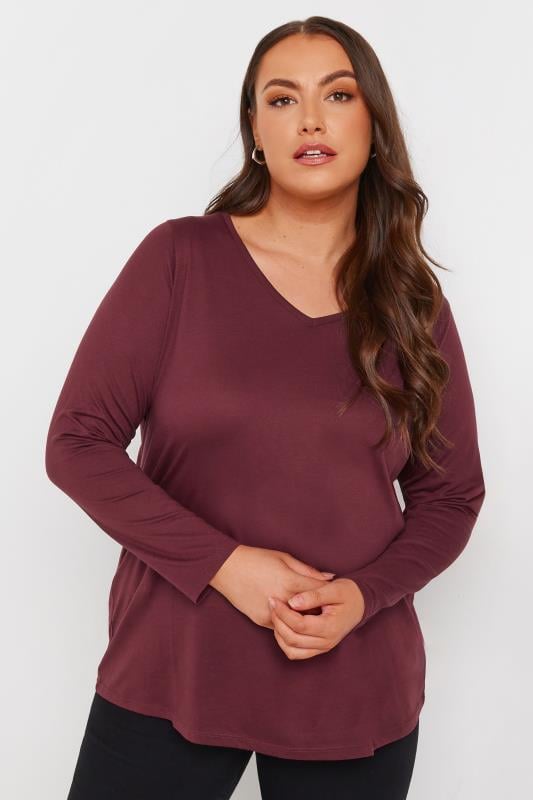evans YOURS Curve Burgundy Red Essential Long Sleeve V-Neck T-Shirt