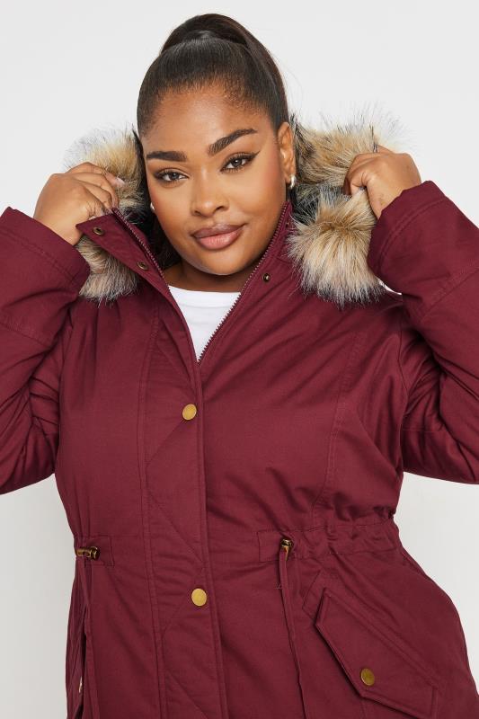 Evans YOURS Curve Burgundy Red Faux Fur Trim Parka Coat