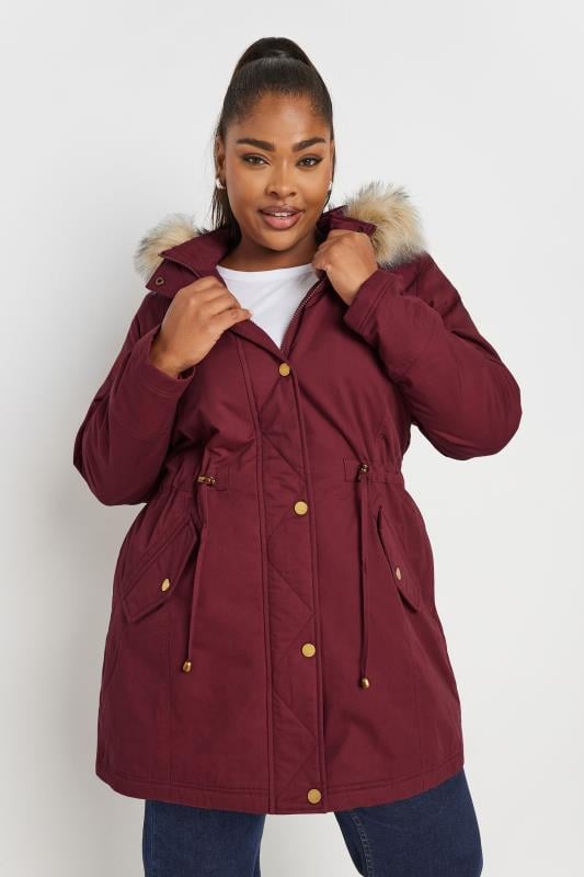 evans YOURS Curve Burgundy Red Faux Fur Trim Parka Coat