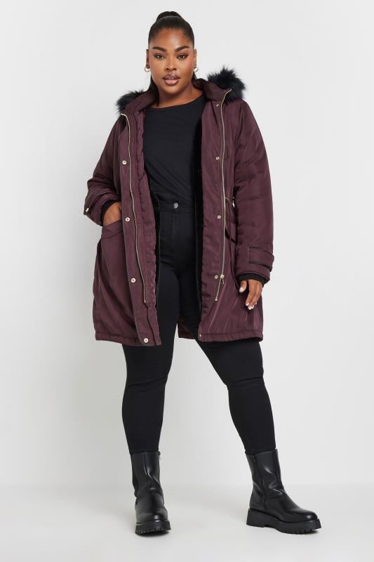 Evans YOURS Curve Burgundy Red Faux Fur Trim Plush Parka Jacket
