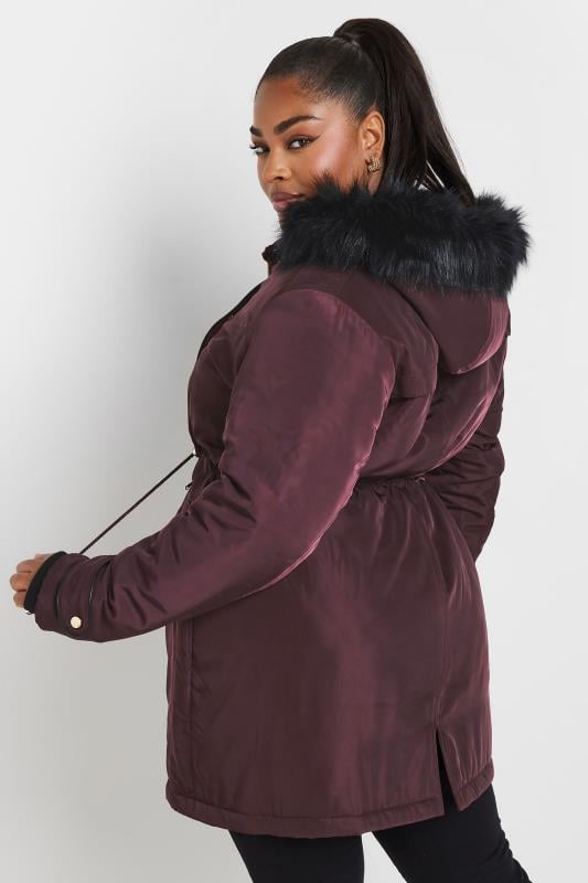 Evans YOURS Curve Burgundy Red Faux Fur Trim Plush Parka Jacket