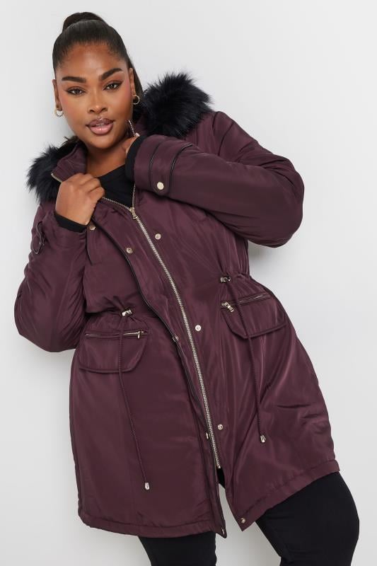 evans YOURS Curve Burgundy Red Faux Fur Trim Plush Parka Jacket