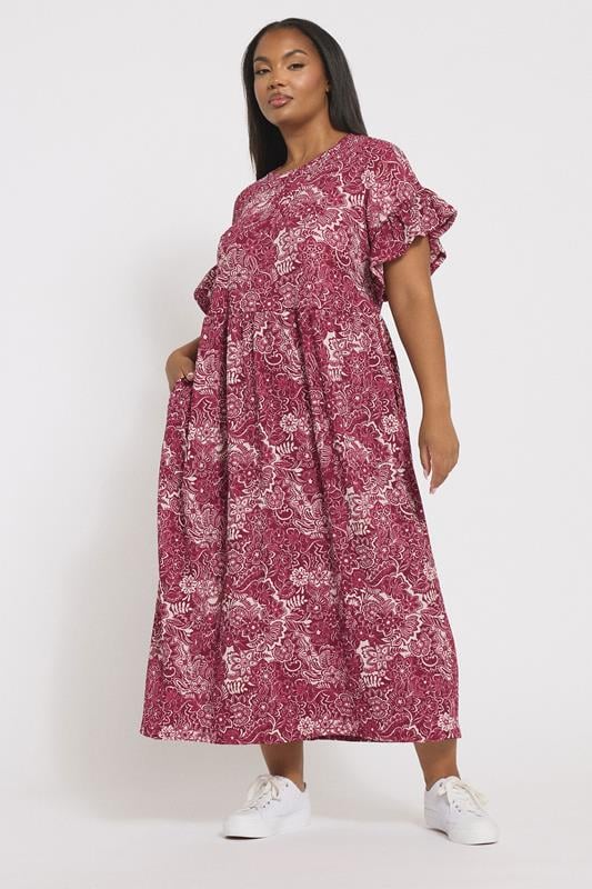 Evans YOURS Curve Burgundy Red Floral Frill Sleeve Midaxi Dress