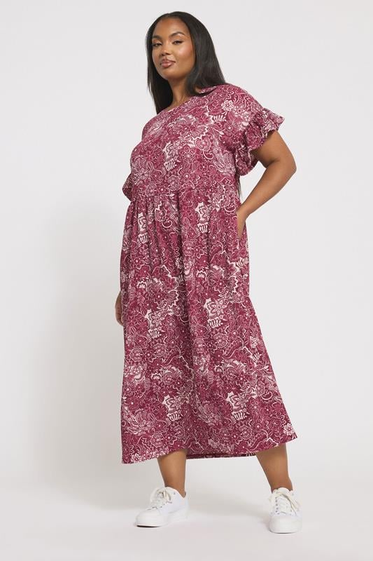 Evans YOURS Curve Burgundy Red Floral Frill Sleeve Midaxi Dress