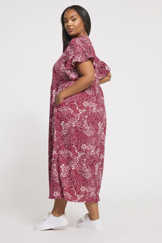 Evans YOURS Curve Burgundy Red Floral Frill Sleeve Midaxi Dress