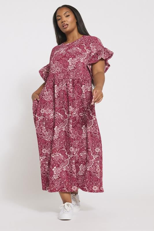 evans YOURS Curve Burgundy Red Floral Frill Sleeve Midaxi Dress