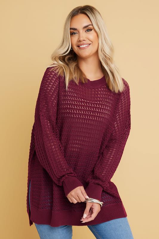 evans YOURS Curve Burgundy Red Knitted Side Split Jumper