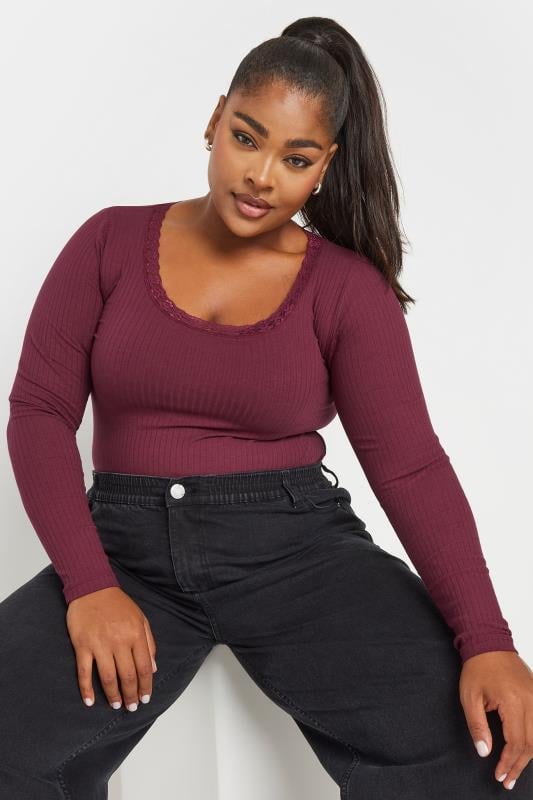 Evans YOURS Curve Burgundy Red Long Sleeve Lace Bodysuit