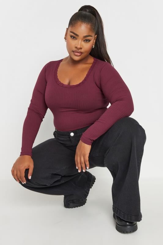 evans YOURS Curve Burgundy Red Long Sleeve Lace Bodysuit