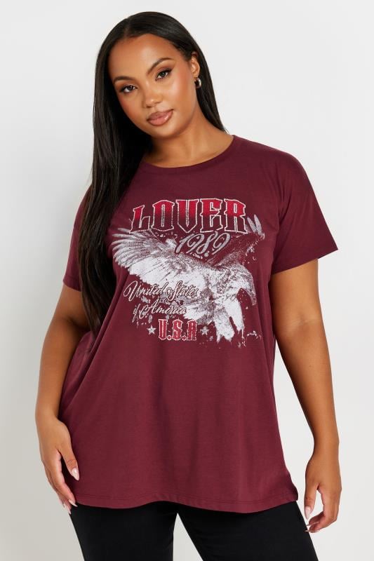 Evans YOURS Curve Burgundy Red 'Lover' Slogan T-Shirt