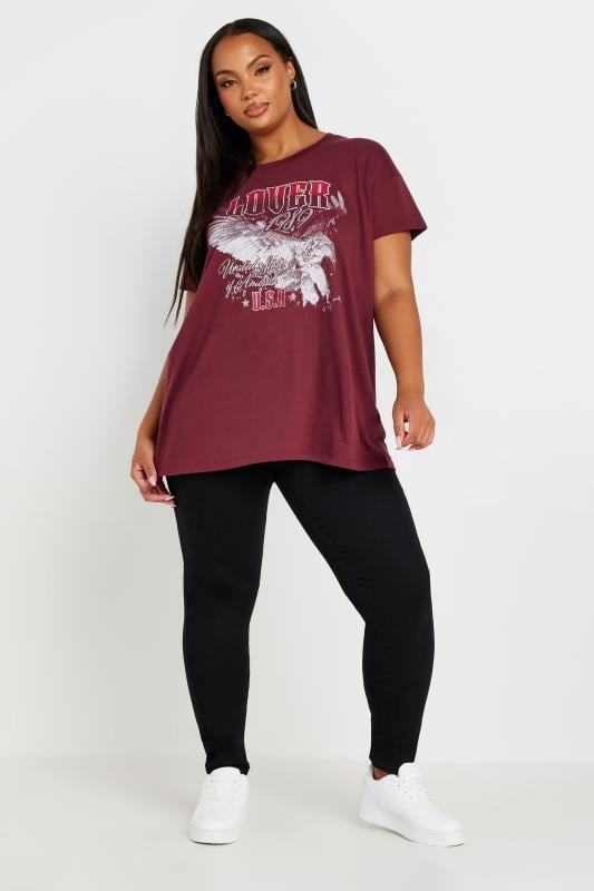 Evans YOURS Curve Burgundy Red 'Lover' Slogan T-Shirt