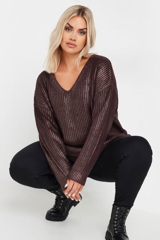 Evans YOURS Curve Burgundy Red Metallic Knitted Jumper
