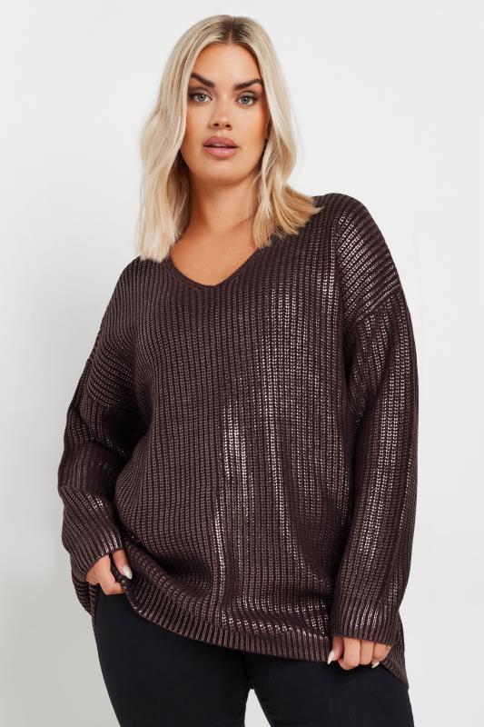 Evans YOURS Curve Burgundy Red Metallic Knitted Jumper