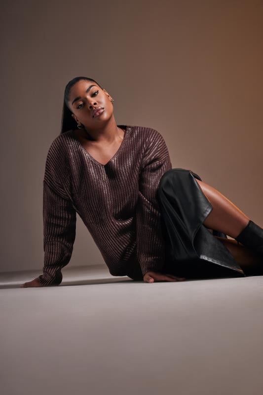 evans YOURS Curve Burgundy Red Metallic Knitted Jumper