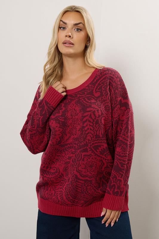 Evans YOURS Curve Burgundy Red Paisley Knitted Jumper