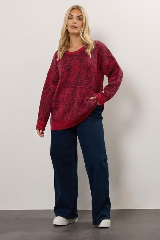 Evans YOURS Curve Burgundy Red Paisley Knitted Jumper
